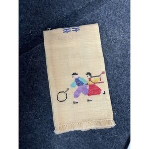 Vintage 2 Cross Stitch Fringed Figural Tea Towels, People Theme, Beige/White